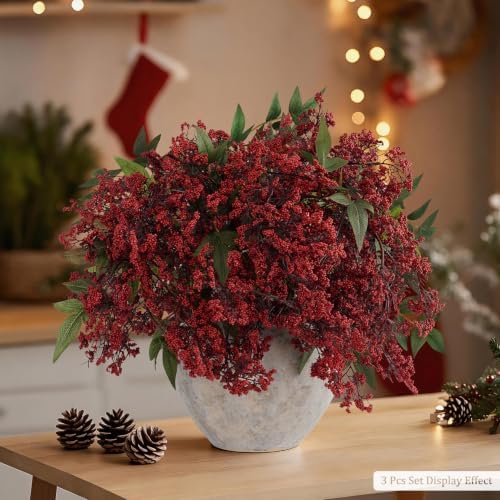 1 Pcs Artificial Berry Stem 36" Realistic Flowers Picks Branches Faux Stem Spray DIY for Holiday Seasonal Farmhouse Mantel DIY Home Decorations (Burgundy)