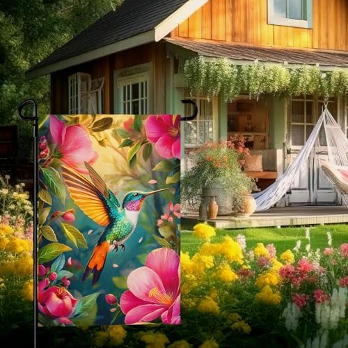 Hummingbird Spring Garden Flags 12 x 18 Summer Flower Garden Flag Bird Floral Seasonal Yard Flags Double Sided for Outside Lawn Outdoor Decorations