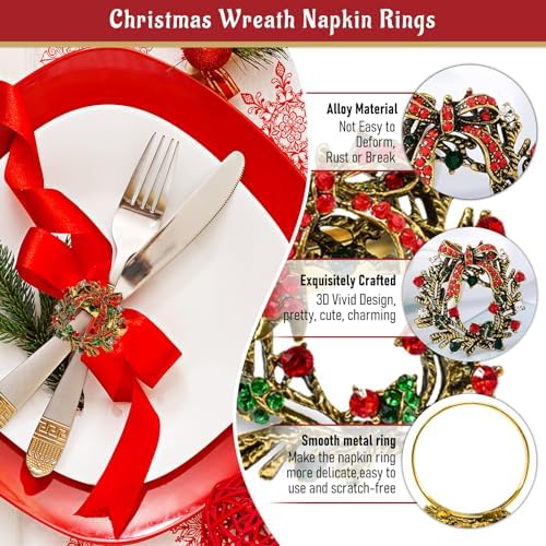 Legigo Set of 6 Christmas Wreath Napkin Rings Set- Metal Xmas Napkin Ring Holders for Cloth Napkins, Christmas Holiday Party Dinner Table Decoration