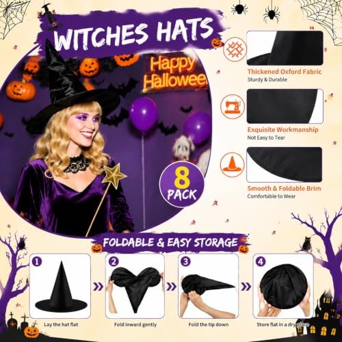 Tepoobea Halloween Decorations Black Witch Hats, 8 Pack Hanging Witches Hats & 32Pcs 3D Bats Halloween Decorations Outdoor Indoor