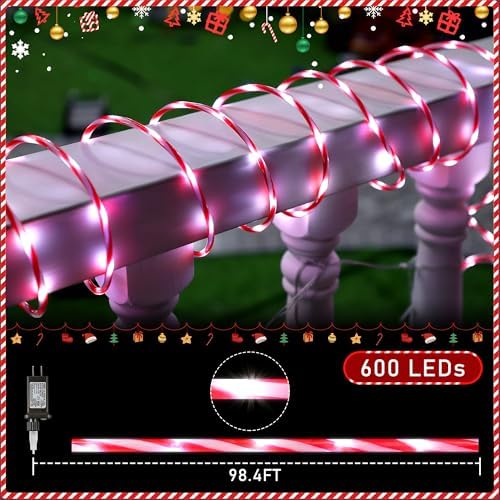 Hiboom 98.4 ft Christmas Candy Cane Rope Lights, 8 Lighting Modes Outdoor Waterproof Christmas Rope Lights with Timer for Terrace Tree Fence Patio Garden Yard Decor(1 Pack)