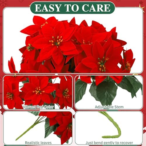 9 Pack Christmas Artificial Poinsettia Flowers 7 Heads Red Flower
