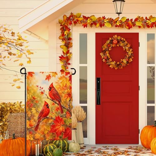 Fall Garden Flags 12x18 Inch Double Sided Cardinal Autumn Yard Flag Maple Leaf Thanksgiving Small Flags for Outside Lawn Outdoor Decor