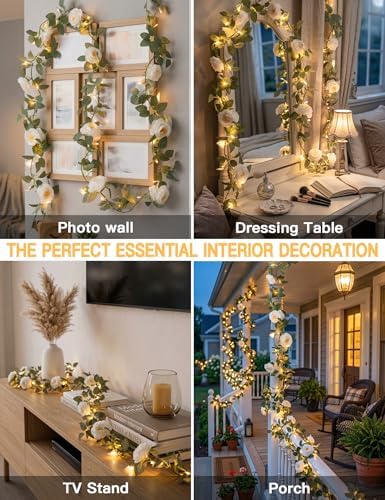 suddus 60LED Garland with White Camellia Lights Battery Operated Clear Wire