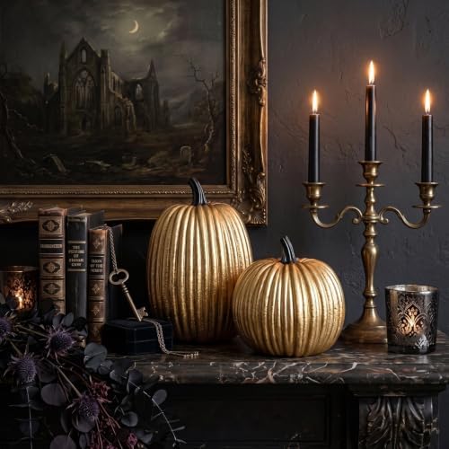 Gold Halloween Pumpkin Decor, Small Resin Pumpkins Set of 2