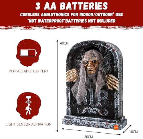 Halloween Animatronic Tombstone with Moving Skeleton - Sensor Activated Animated Scary Prop with Creepy Sound & Light-Up Eyes for Haunted House, Yard,Halloween Party Decor