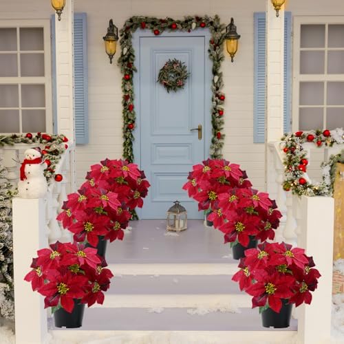 Artificial Poinsettia Plants Fake Christmas Flowers in Pot(Hot Red)