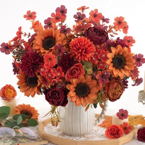 Mixed 5 Pcs Fall Artificial Sunflower Peony Bouquet, Burnt Orange Burgundy Silk Faux Flower, Autumn Faux Floral Arrangements for Wedding Table Centerpiece DIY Thanksgiving Farmhouse Outdoor Decor