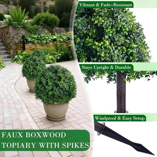 24.8 Inch Artificial Boxwood Trees, 2 Sets Faux Boxwood Topiary with Spikes, Pot Filler Fake Shrubs Plants for Outdoor PlantersFront Porch Decor Round Topiary Bush Balls Home Garden Spring