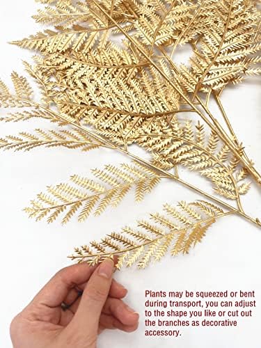 Artificial Plants Christmas Decor, PASYOU Gold Fern Fake Flowers Shrubs Plastic Grass Leaves Indoor Outdoor Home Garden Hotel Verandah Wedding Party Event Faux DIY Decoration, 30 Inch Golden 2 Bunches