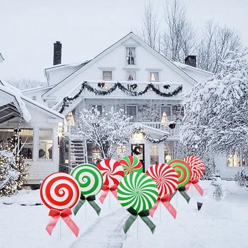 8 Pieces Christmas Decorations Outdoor Yard Garden Porch Sign - Large Corrugated Peppermint Lollipop Candy Design Signs with Stakes and Bows for Outside Winter Holiday Xmas Patio Pathway Lawn Decor