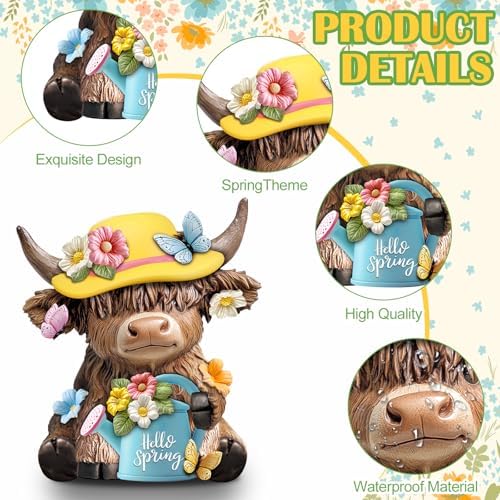 Karenhi 2 Pcs Highland Cow Figurines, Spring Floral Table Decor