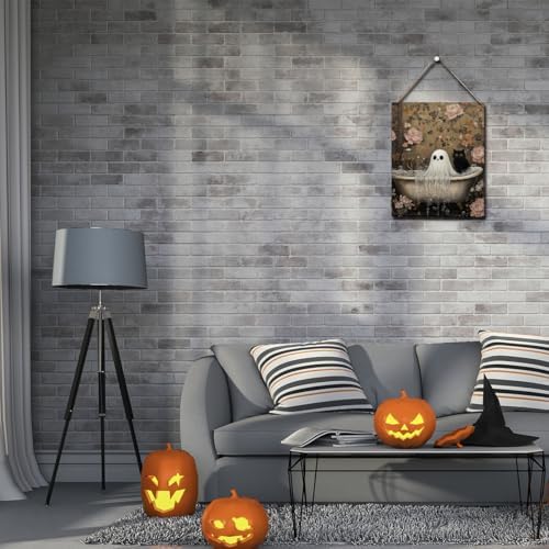 Funny Halloween Bathroom Decor, Cute Halloween Decorations Indoor, Spooky Halloween Wall Art Wooden Hanging Sign, Ghost Black Cat Farmhouse Wood Block Plaque Sign Decor for Home Washroom Bathroom