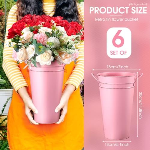 Irenare 12 Inch Vintage Galvanized Flower Bucket Metal Flower Vase Farmhouse French Bucket Planter Metal Floral Container for Party Table Centerpiece Weddings Home(Pink,6 Pcs)