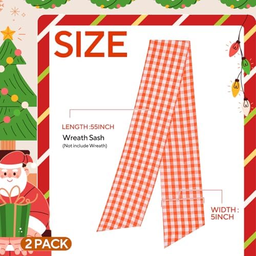 2 Pack Wreath Sash for Front Door Boxwood Wreath Sash Garland Front Door Porch Decor(White and Orange Plaid)