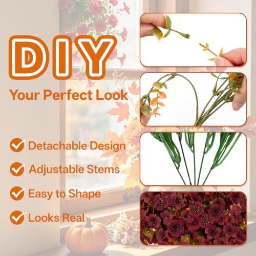 15 PCS Artificial Fall Flowers for Outdoors, Five-Petaled Faux Silk Mums
