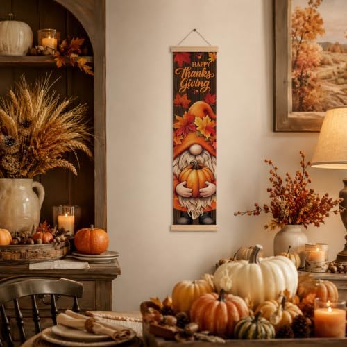 Thanksgiving Door Banner, Gnome Pumpkin Canvas Banner for Front Porch