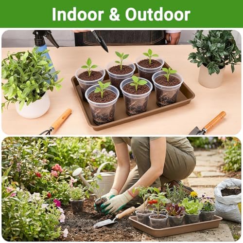 GREANER 3 Packs Plant Saucers for Indoors, 13x10 Inch Brown Plastic Tray, Rectangular Planter Trays and Saucers for Potted Plants