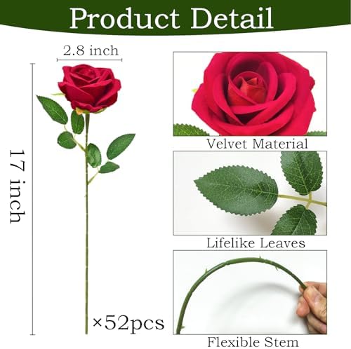 50Pcs Red Roses Artificial Flowers with Stems for Home Decor