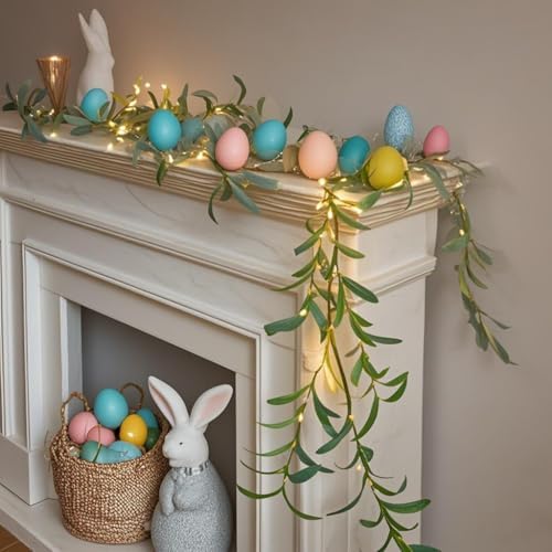 Hairui Lighted Artificial Olive Garland 6FT 96 LED Fairy Lights Battery Operated, Faux Vine Lights with Timer for Spring Christmas Holiday Fireplace Decor