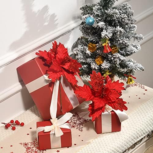 10 PCS Glitter Poinsettias, 9.4" Artificial Christmas Flowers, Red