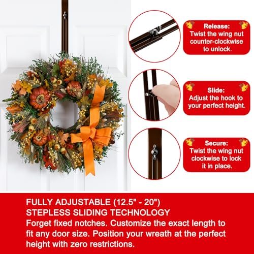 2 Pack Adjustable Wreath Hanger for Front Door, 15-25 Inch over Door Hook