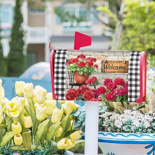 Spring Summer Floral Mailbox Covers Magnetic Large Size 25"x21" Welcome Spring Geranium Flower Mailbox Cover Welcome Red Flowers Mailbox Wraps Farmhouse Post Letter Box Cover for Home Outside