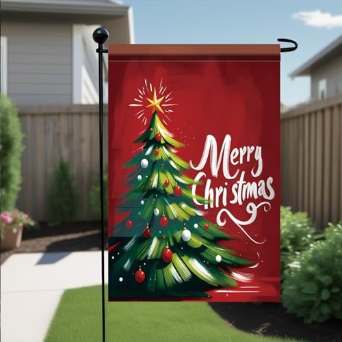 12 x 18 Inch Christmas Garden Flag Christmas Tree Yard Banner with Star and Ornaments Double Sided Outdoor Holiday Decoration Winter Seasonal Welcome Sign for Patio Lawn Home Party Decor