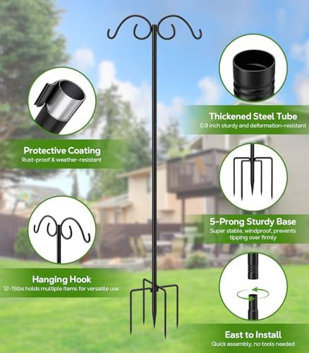 MoKo Double Shepherds Hooks, 88 in Bird Feeder Pole 0.9 InThick, 1 Pack