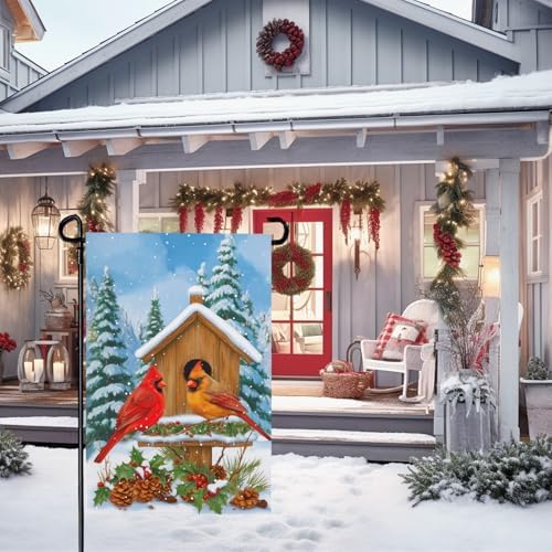 Cardinal Winter Garden Flags 12x18 Double Sided Bird Nest Xmas Outdoor Decor Flag Snow Scenery Yard Flags for Outside Farmhouse Lawn