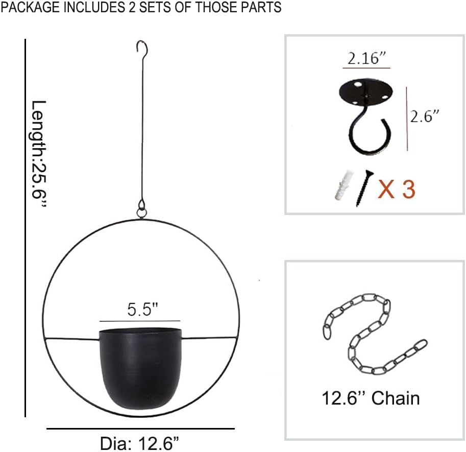 2 Pcs Hanging Planters for Indoor and Outdoor Plants with Hooks and Chains, Metal Modern Wall Ceiling Planter Hangers