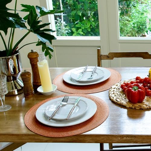 FunWheat Round Braided Placemats Set of 6 Table Mats for Dining Tables Woven Washable Non-Slip Place mats 15 Inch for Fall Decoration(Pumpkin Orange)