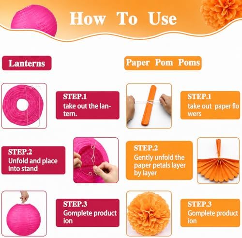 14 Pcs Pink Orange Party Decorations, Pom Poms, Paper Lanterns, Garlands