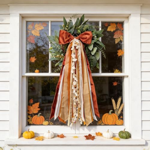 Wreath Ribbon Sash, Rust Velvet Bow for Front Door, Porch Fall Decor