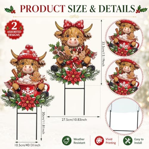 Amyhill Christmas Highland Cow Outdoor Yard Decoration Hot Cocoa Signs