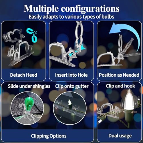 Holiday Light Clips [Set of 200] Christmas Outdoor Light Clips - Mount to Shingles & gutters - Works with Mini, C6, C7, C9, Rope, Icicle Lights - No Tools Required