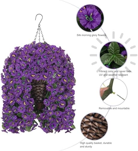 Artificial Fake Flowers Plants Hanging Baskets Outdoor Outside Spring Decor, Faux Silk Purple UV Resistant Look Real Morning Glory Home Patio Porch Balcony Decoration