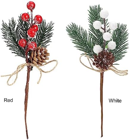 Artificial Red Berry Stems Pine Branches with Twine Bow,Christmas Pine Picks Fake Red Berry Wreath Picks, Christmas Trees Decoration Bouquets Garland Wreath Arrangements for Holiday(20 Pack/White)