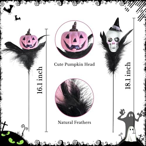 4PCS Halloween Decoration Pumpkin Artificial Floral Picks, Pink Pumpkin Skull Feather Halloween Branches Decorations for Vase Home Indoor Party Décor