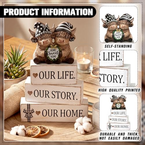 Yousoontic 4 Pcs Sweet Home Highland Cow Figurines, Rustic Farmhouse Decor