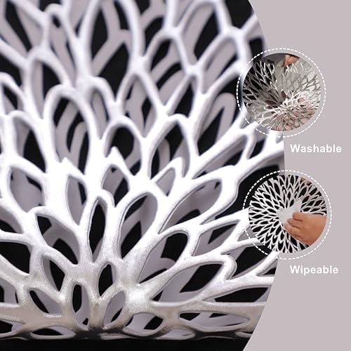 Snowkingdom 12 Pack of Silver Placemats Metallic Vinyl Dinning Table Mats, Round Flower Charger Plates Decoration Bulk for Winter Holiday Christmas Thanksgiving Party