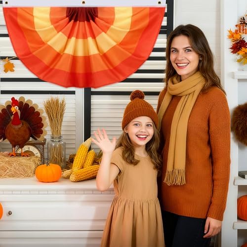 Augshy 4Pcs Fall Bunting Fan Flags, Thanksgiving Orange Yellow Brown Banner