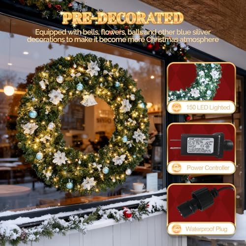 VINGLI 48 Inch Prelit Christmas Wreath Fireplace, Holiday Decor Blue Silver