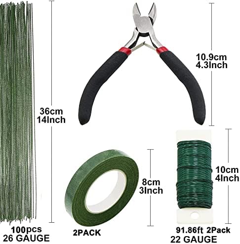 SONGZIMING Floral Arrangement Kit with Green Floral Tape, 22 Gauge Floral Wire Stems, 26 Gauge Paddle Floral Wire and Floral Wire Cutter for Bouquets banquets, Artificial Flowers