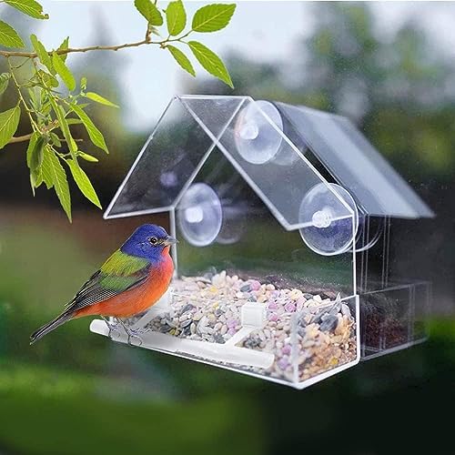 Window Bird Feeder 2 Pack, Bird House for Outside with 2 Rod, Small Acrylic Window Bird Feeder with Strong Suction Cups and Drain Holes 5.9 * 2.4 * 5.9 inch