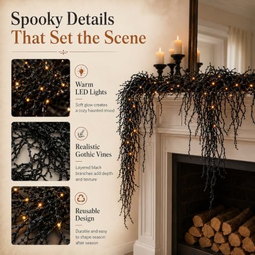 Halloween Lighted Creepy Vine Garland, Black Garland with Light，39.4"