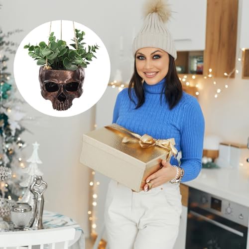 2 Pack Bronze Halloween Hanging Skull Planter with Rope