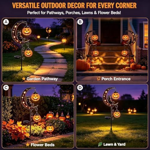 Solar Halloween Black Cat & Pumpkin Moon Garden Stake Light Halloween Decor
