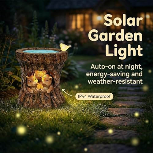 Solar Whimsical Squirrel Walnut Bird Feeder for Garden Decor: IP44 Weatherproof Resin with Automatic Lighting - No Installation- Outdoor Yard Patio Balcony Art - Birthday Gifts for Bird Lovers Women