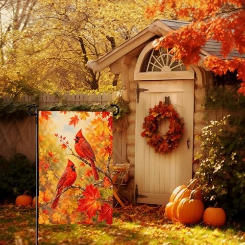 Fall Garden Flags 12x18 Inch Double Sided Cardinal Autumn Yard Flag Maple Leaf Thanksgiving Small Flags for Outside Lawn Outdoor Decor